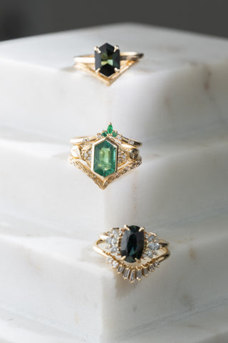 Emerald and Diamond Wedding Band, Flora Setting, 14k Yellow Gold