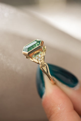 2.01 Carat Hexagon Emerald and Diamond Engagement Ring, Bezel Leaf Quinn Setting, 14k Yellow Gold