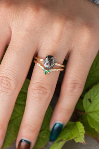 Emerald and Diamond Wedding Band, Flora Setting, 14k Yellow Gold