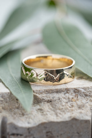 7mm Mountain Mens Wedding Ring with Hidden Diamond, 14k Yellow Gold