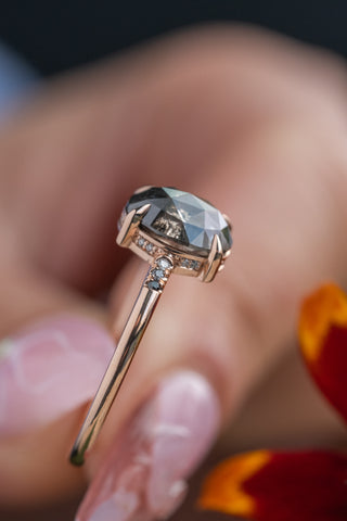 2.39 Carat Black Speckled Oval Diamond Engagement Ring, Ombre Juliette Setting, 14k Rose Gold