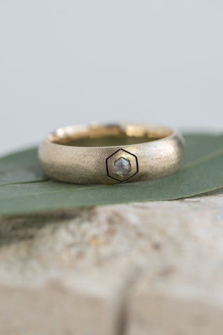 Hexagon Diamond Mens Wedding Band, Comfort Fit, 14K Yellow Gold, Half Round Matte Finish