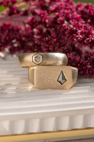 Hexagon Diamond Mens Wedding Band, Comfort Fit, 14K Yellow Gold, Half Round Matte Finish