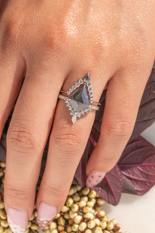 Salt and Pepper Rose Cut Pear Diamond Wedding Band, Large Cassiopeia Setting, Platinum