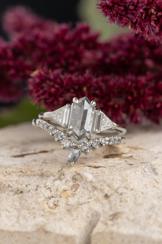 1.83 Carat Salt and Pepper Hexagon Diamond Engagement Ring, Azalea Setting, 14K White Gold