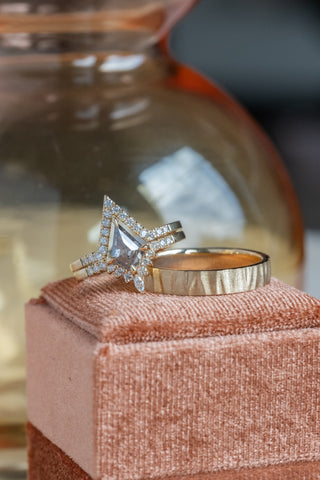 1.05 Carat Salt and Pepper Kite Diamond Engagement Ring, Avaline Setting, 14K Yellow Gold