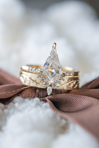 1.71 Carat Kite Moissanite Engagement Ring, Avaline Setting, 14K Yellow Gold