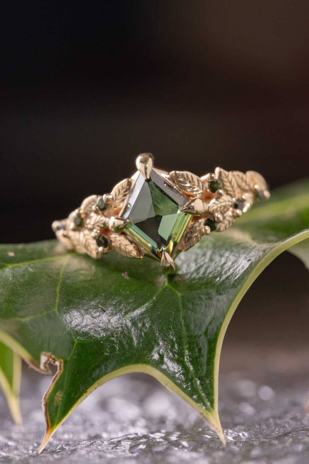 Sapphire 14k Yellow Gold Custom and Green Tourmaline Magnolia Engagement Ring engagement ring, Point No Point Studio. Eco-friendly, Recycled Metals, Conflict Free.
