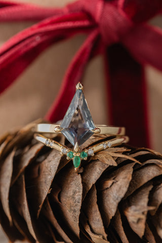 Emerald and Diamond Wedding Band, Flora Setting, 14k Yellow Gold