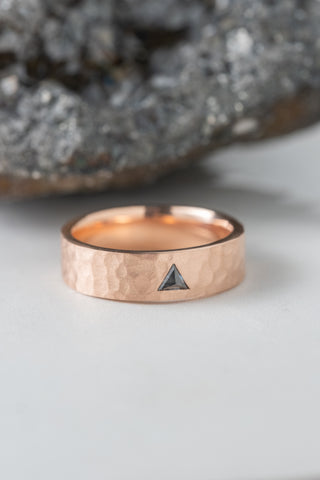 Triangle Diamond Hammered Matte Mens Wedding Band, Comfort Fit, 14K Rose Gold
