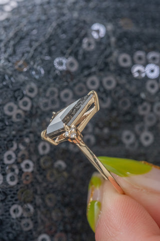 1.94 Carat Black Speckled Kite Diamond Engagement Ring, Ombre Quinn Setting, 14k Yellow Gold