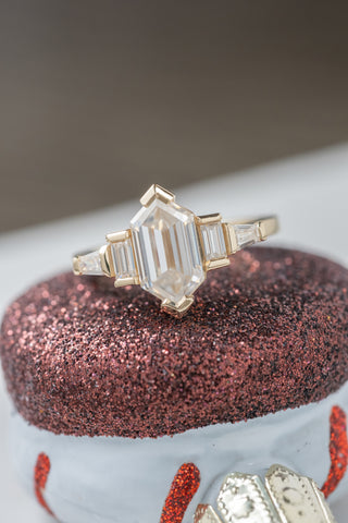 2.15 Carat Hexagon Moissanite Engagement Ring, Bess Setting, 14k Yellow Gold