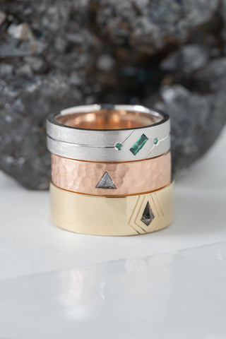 Triangle Diamond Hammered Matte Mens Wedding Band, Comfort Fit, 14K Rose Gold