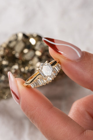 1.61 Carat Canadian Salt and Pepper Hexagon Diamond Engagement Ring, Basket Jane Setting, 14k Yellow Gold
