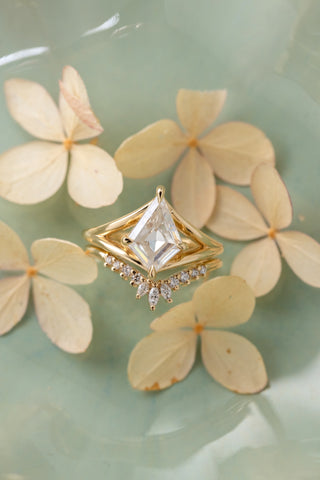 1.58 Carat Kite Moissanite Engagement Ring, Split Shank Jane Setting, 14k Yellow Gold