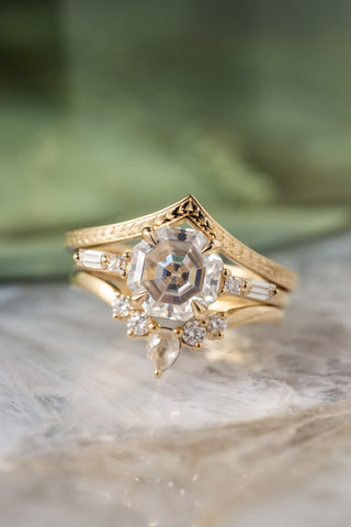 2.35 Carat Octagon Moissanite Engagement Ring, Betty Setting, 14k Yellow Gold