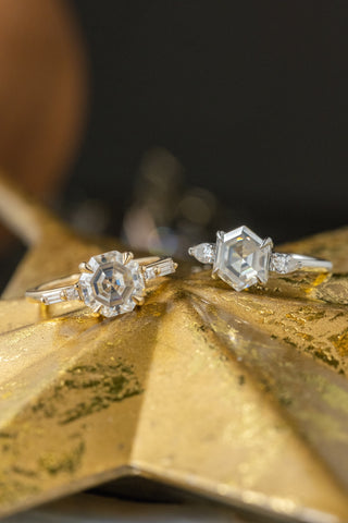 2.35 Carat Octagon Moissanite Engagement Ring, Betty Setting, 14k Yellow Gold