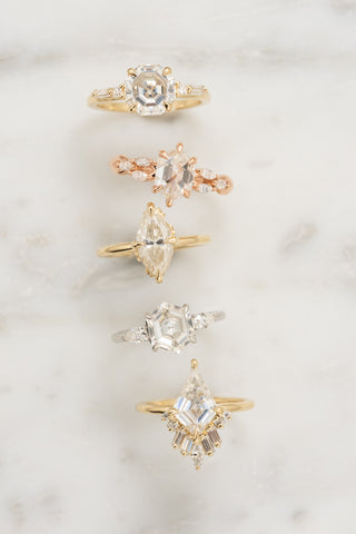 2.11 Carat Kite Moissanite Engagement Ring, Wren Setting, 14k Yellow Gold