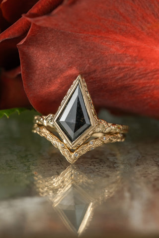 1.42 Carat Black Salt and Pepper Kite Diamond Engagement Ring, Bezel Liana Setting, 14K Yellow Gold