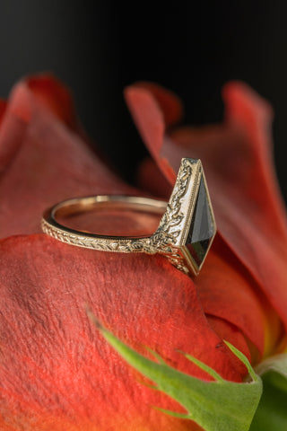 1.42 Carat Black Salt and Pepper Kite Diamond Engagement Ring, Bezel Liana Setting, 14K Yellow Gold