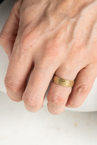6mm Comfort Fit, 14k Yellow Gold Mens Wedding Band, Tree Bark Matte