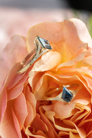 1.11 Carat Teal Kite Sapphire and Diamond Engagement Ring, Engraved Aela Setting