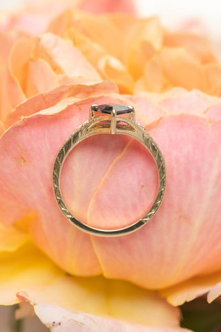 1.28 Carat Teal Kite Sapphire and Diamond Engagement Ring, Engraved River Setting, 14k Yellow Gold, Point No Point Studio. Eco-friendly, Recycled Metals, Conflict Free.