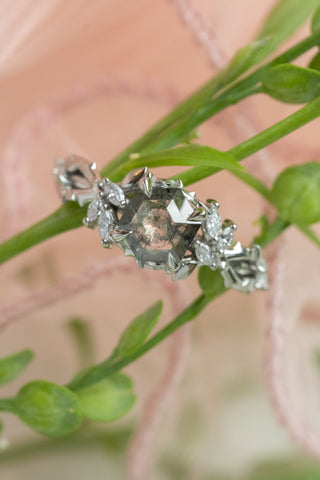 1.32 Carat Salt and Pepper Hexagon Diamond Engagement Ring, Ainsley Setting