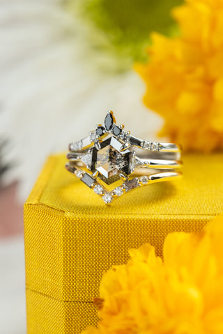 1.21 Carat Black Salt and Pepper Hexagon Diamond Engagement Ring, Zoe Setting, Platinum, Point No Point Studio. Eco-friendly, Recycled Metals, Conflict Free.