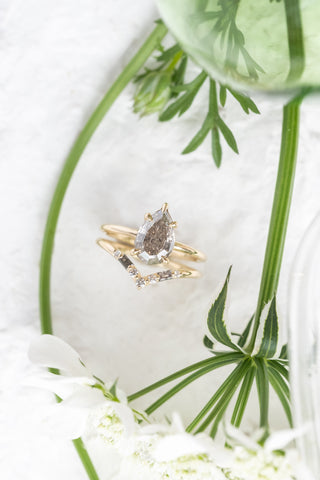 2.10 Carat Canadian Salt and Pepper Geometric Pear Diamond Engagement Ring, Basket Jane Setting, 14k Yellow Gold, Point No Point Studio. Eco-friendly, Recycled Metals, Conflict Free.