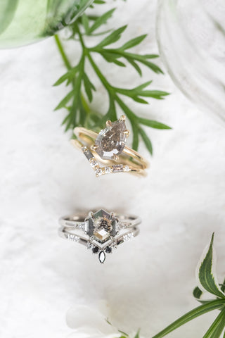 1.21 Carat Black Salt and Pepper Hexagon Diamond Engagement Ring, Zoe Setting, Platinum, Point No Point Studio. Eco-friendly, Recycled Metals, Conflict Free.
