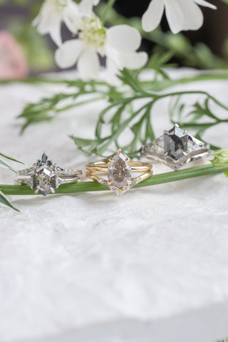 1.21 Carat Black Salt and Pepper Hexagon Diamond Engagement Ring, Zoe Setting, Platinum, Point No Point Studio. Eco-friendly, Recycled Metals, Conflict Free.