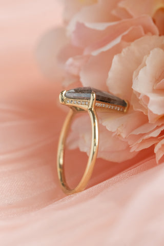 2.74 Carat Salt and Pepper Kite Diamond Engagement Ring, Jade Setting, 14k Yellow Gold, Point No Point Studio. Eco-friendly, Recycled Metals, Conflict Free.