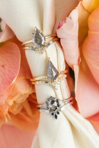1.61 Carat Salt and Pepper Kite Diamond Engagement Ring, Jane Setting, 14k Yellow Gold, Point No Point Studio. Eco-friendly, Recycled Metals, Conflict Free.