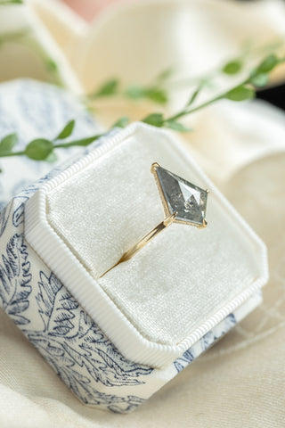 2.74 Carat Salt and Pepper Kite Diamond Engagement Ring, Jade Setting, 14k Yellow Gold, Point No Point Studio. Eco-friendly, Recycled Metals, Conflict Free.