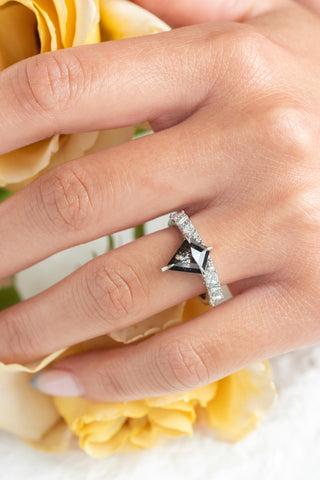 2.10 Carat Black Salt and Pepper Kite Diamond Engagement Ring, Stardust Setting, Platinum, Point No Point Studio. Eco-friendly, Recycled Metals, Conflict Free.