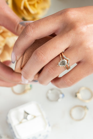 2.10 Carat Canadian Salt and Pepper Geometric Pear Diamond Engagement Ring, Basket Jane Setting, 14k Yellow Gold, Point No Point Studio. Eco-friendly, Recycled Metals, Conflict Free.