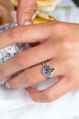 1.66 Carat Periwinkle Hexagon Sapphire Engagement Ring, Split Shank Jane Setting