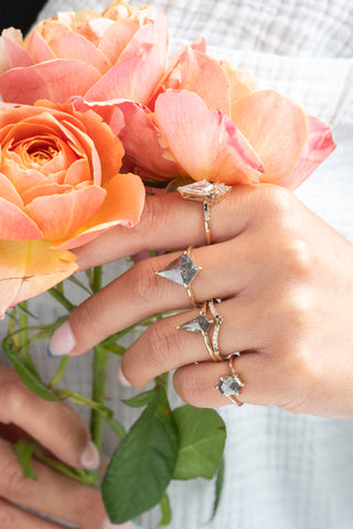 1.61 Carat Salt and Pepper Kite Diamond Engagement Ring, Jane Setting, 14k Yellow Gold, Point No Point Studio. Eco-friendly, Recycled Metals, Conflict Free.