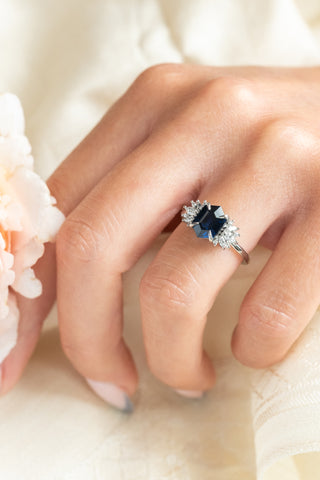 2.36 Carat Blue Hexagon Sapphire and Diamond Engagement Ring, Monarch Setting, Platinum, Point No Point Studio. Eco-friendly, Recycled Metals, Conflict Free.