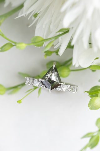 2.10 Carat Black Salt and Pepper Kite Diamond Engagement Ring, Stardust Setting, Platinum, Point No Point Studio. Eco-friendly, Recycled Metals, Conflict Free.