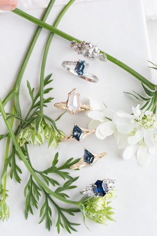 2.36 Carat Blue Hexagon Sapphire and Diamond Engagement Ring, Monarch Setting, Platinum, Point No Point Studio. Eco-friendly, Recycled Metals, Conflict Free.