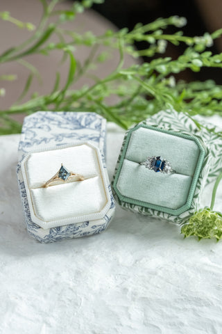 1.28 Carat Teal Kite Sapphire and Diamond Engagement Ring, Engraved River Setting, 14k Yellow Gold, Point No Point Studio. Eco-friendly, Recycled Metals, Conflict Free.