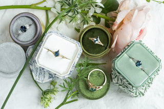 1.28 Carat Teal Kite Sapphire and Diamond Engagement Ring, Engraved River Setting, 14k Yellow Gold, Point No Point Studio. Eco-friendly, Recycled Metals, Conflict Free.
