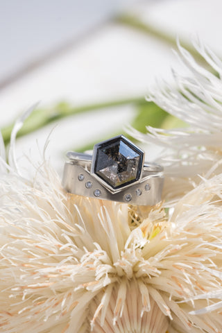 2.76 Carat Black Salt and Pepper Hexagon Diamond Engagement Ring, Bezel Jane Setting, Platinum