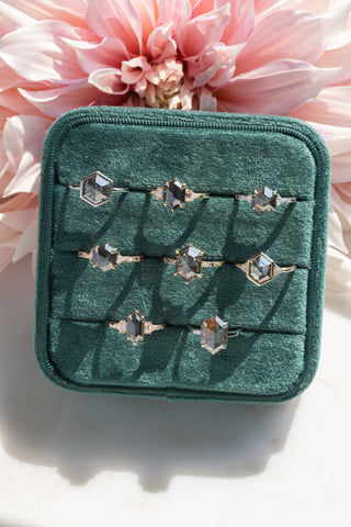 1.44 Carat Black Salt and Pepper Hexagon Diamond Engagement Ring, Ombre Eliza Setting, 14K Rose Gold
