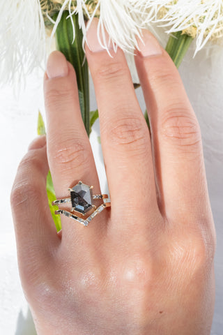 3.30 Carat Black Salt and Pepper Hexagon Diamond Engagement Ring, Ombre Sirena Setting, 14k Yellow Gold
