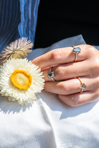 2.60 Carat Black Emerald Shaped Diamond Engagement Ring, Ombre Jules Setting, 14K Yellow Gold, Point No Point Studio. Available in a variety of metal types. Eco-friendly, Recycled Metals, Conflict Free.