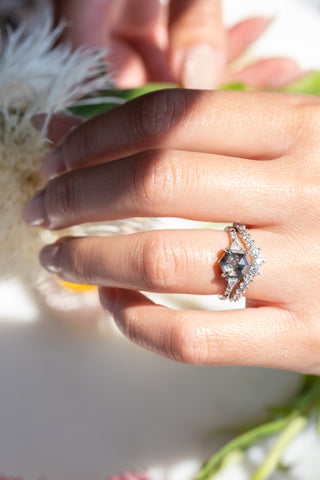 2.69 Carat Salt and Pepper Hexagon Diamond Engagement Ring, Ombre Eliza Setting, Platinum