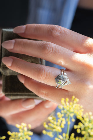 2.76 Carat Black Salt and Pepper Hexagon Diamond Engagement Ring, Bezel Jane Setting, Platinum